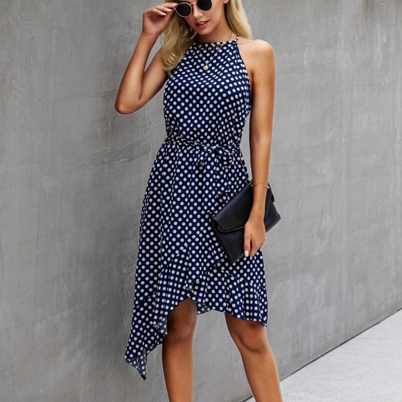 Boho Polka Dot Belted Ruffle Mini Dress Navy Blue - Picture 5 of 8